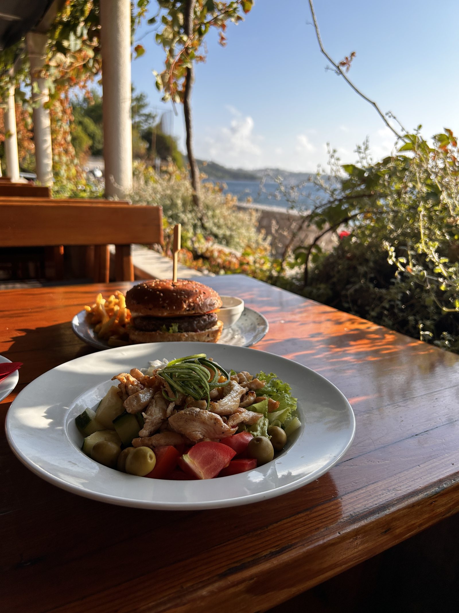 A warmly lit table near a window with a plated meal and a landscape beyond.