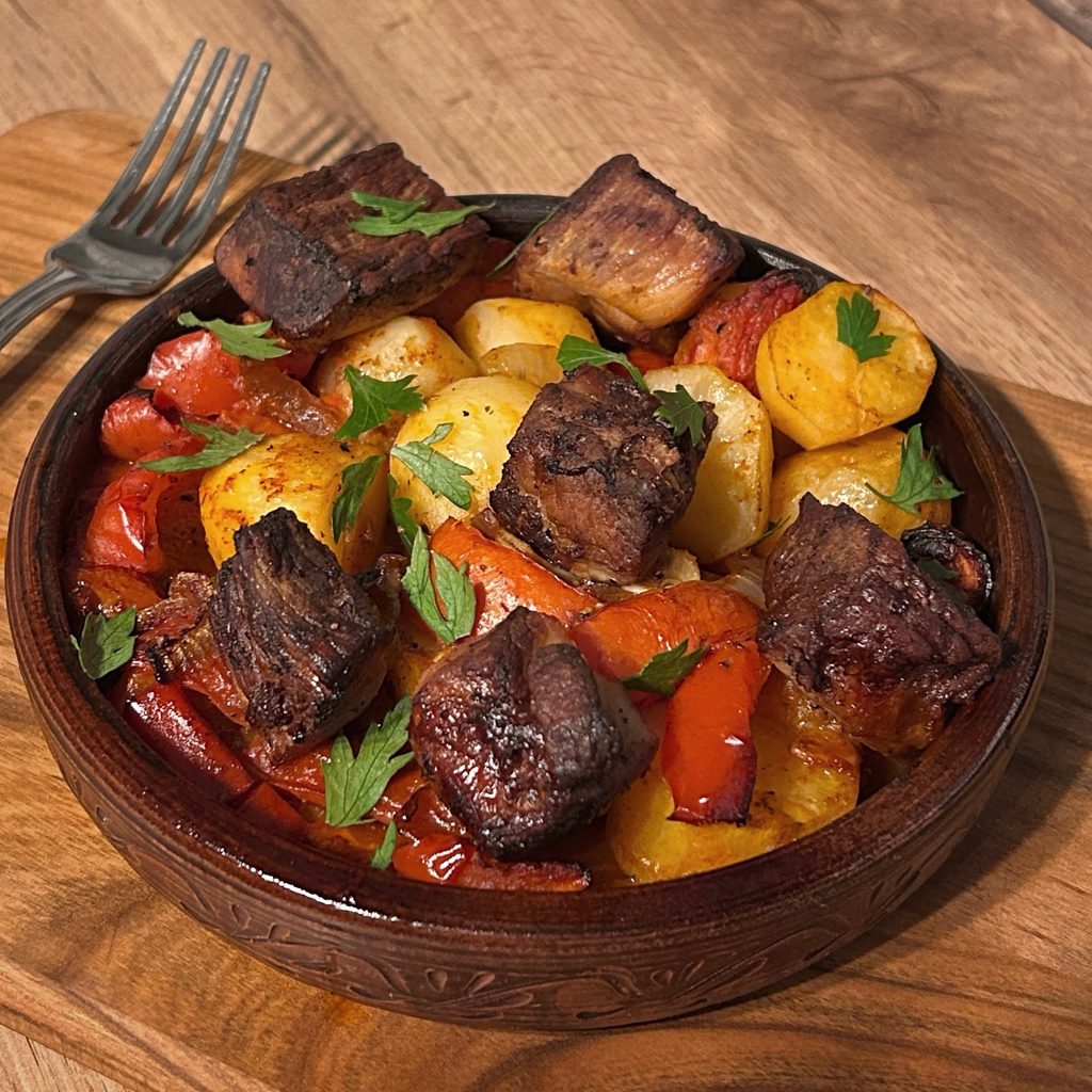 Georgian ojakhuri with pork and potatoes